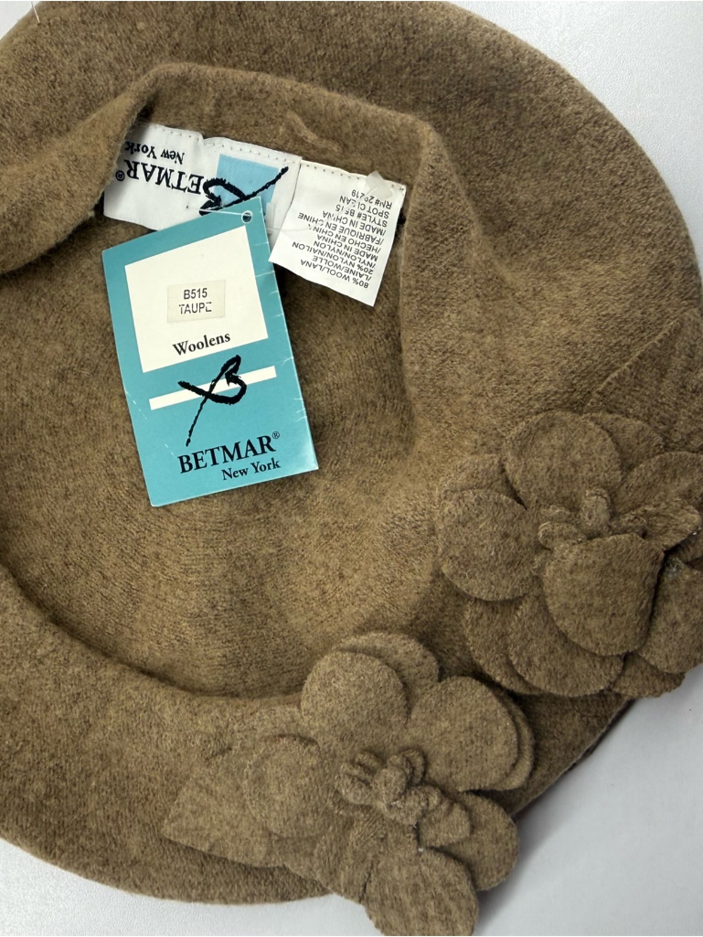 betmar Taupe Wool Flower Beret